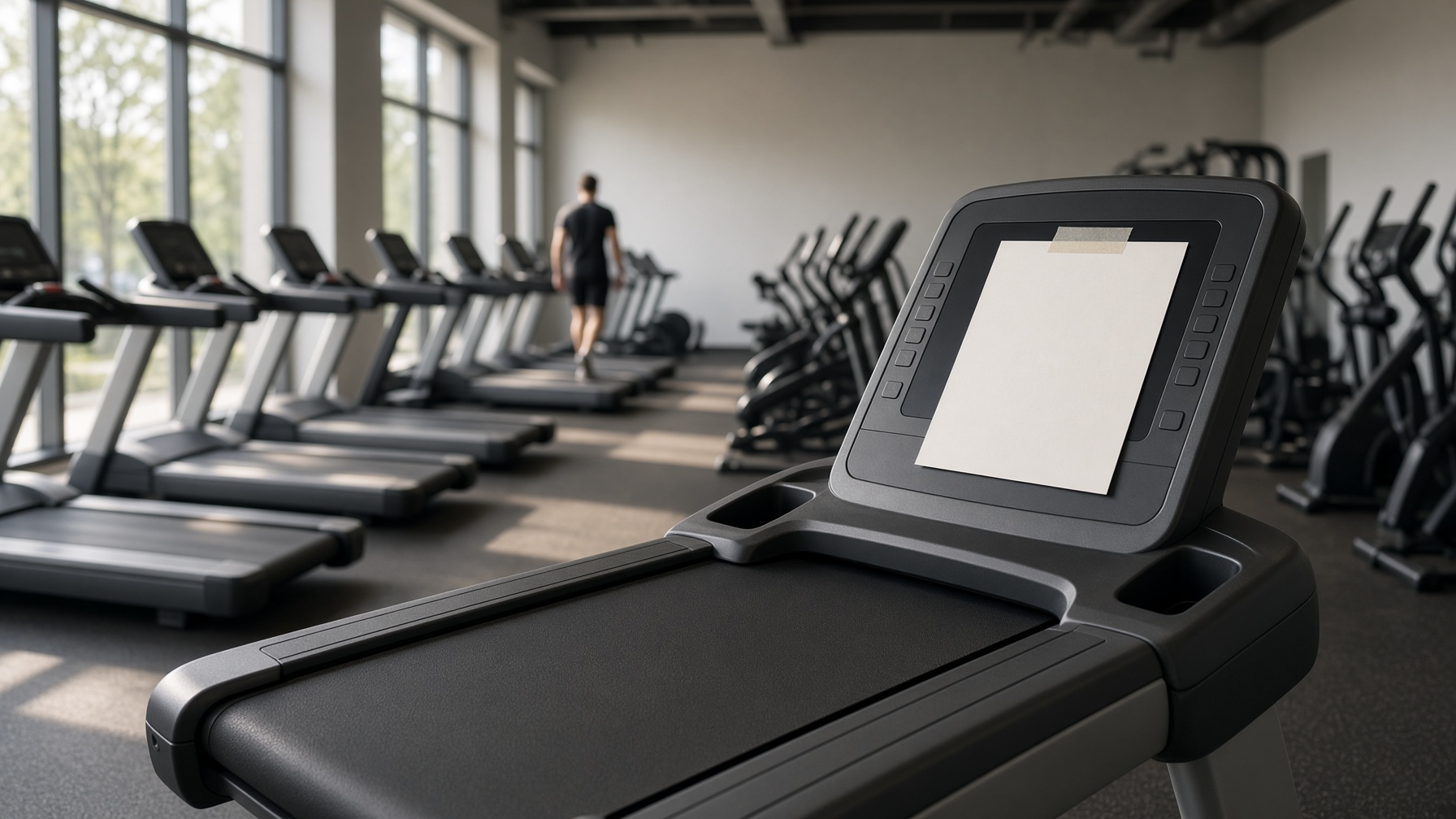 A commercial treadmill with a blank paper note taped to the console