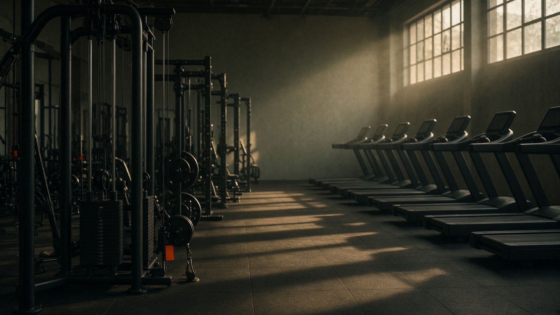 Quiet gym floor with cable machines and a row of treadmills in morning light