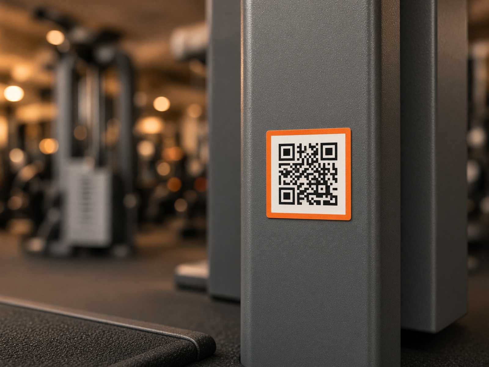 QR label with an orange border on the upright of a gym machine