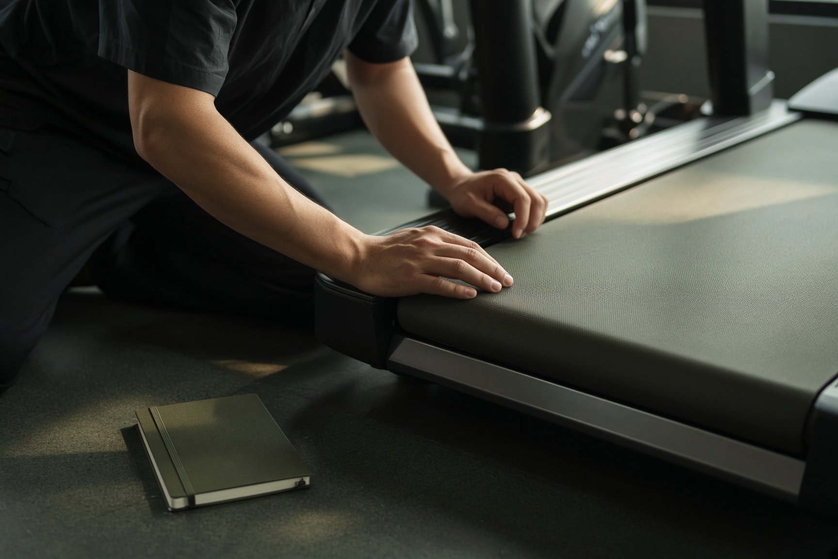 A technician checking a treadmill belt, notebook on the floor